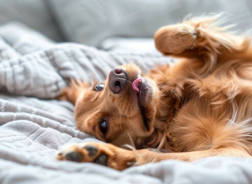 A cute brown male dog grooming himself on the bed with his front paw