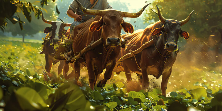 A farmer drives a team of strong oxen through a lush field, guiding them with practiced ease