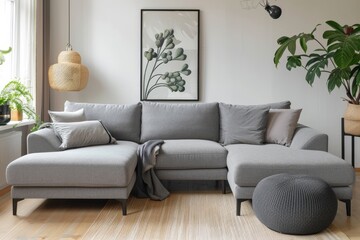 African living room with grey corner sofa plant poster and pouf Photo