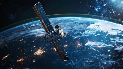 High-tech satellite orbiting earth in space, global communication concept