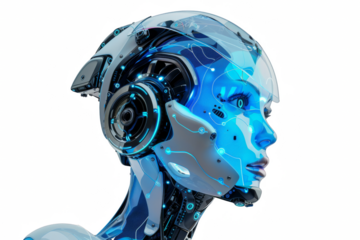 A female robot with blue holographic skin, half body portrait, transparent background, png.