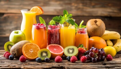 Assorted fruits and juices on the table can improve heart health manage glucose prevent osteoporosis and decrease cancer risk