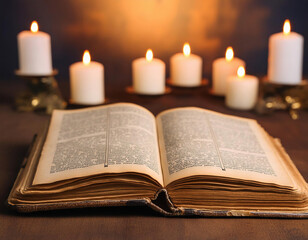 An old Holy Bible on a wooden table surrounded by burning candles in a spiritual ambiance
