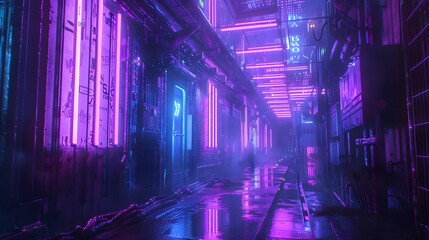 abstract background of futuristic corridor with purple and blue neon lights. 
