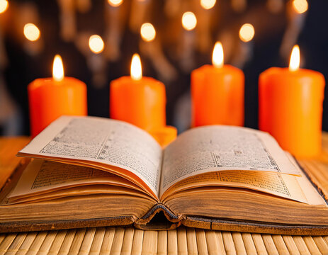 Open book with burning orange candles on a wooden table. Selective focus.