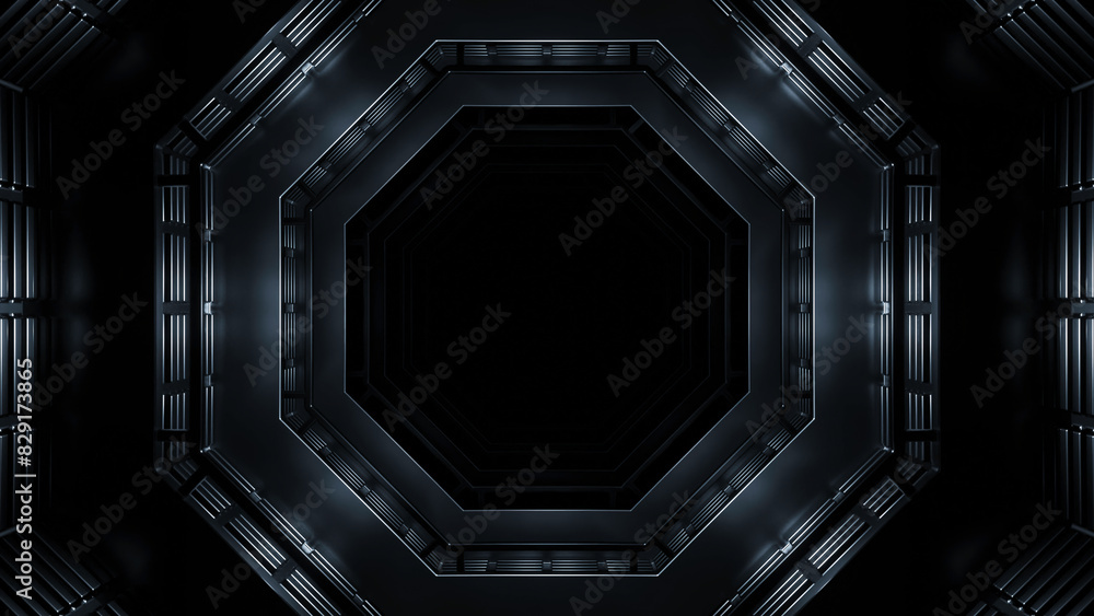Poster dark space tunnel with flashing lights. design. octagonal shape of metal tunnel. 3d spaceship tunnel