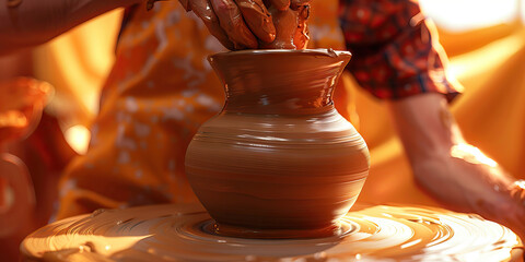 A skilled potter centers clay on their wheel, spinning it expertly to create a beautiful vase