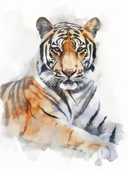 Fototapeta premium Watercolor painting of tiger isolated on white background, white and gray with orange accents, soft shading, watercolour clipart, pastel colours, soft gradient shadows, white background.