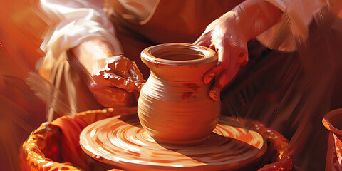 A skilled potter centers clay on their wheel, spinning it expertly to create a beautiful vase