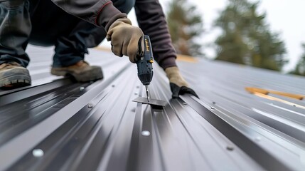 skilled roofer installing metal sheets with pneumatic nail gun new roof construction