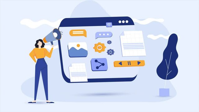 illustration of businesswomen with a megaphone in flat design style. business animated video concept