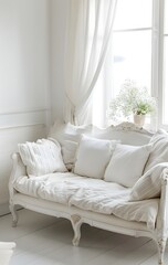 White French style sofa in a white room, interior design in the French country style, white furniture, white pillows and cushions, close up shot