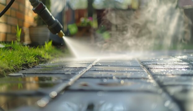 Blurred image of spring cleaning backyard pathway with high pressure washer