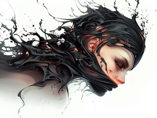 A piece of calligraphy underwater, with ink dispersing around the letters, creating a visually corrupted effect
