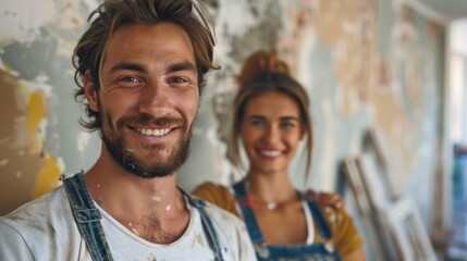 portrait of a young beautiful Caucasian couple doing renovations at home or in an apartment with their own hands. husband and wife against the backdrop of an apartment being renovated