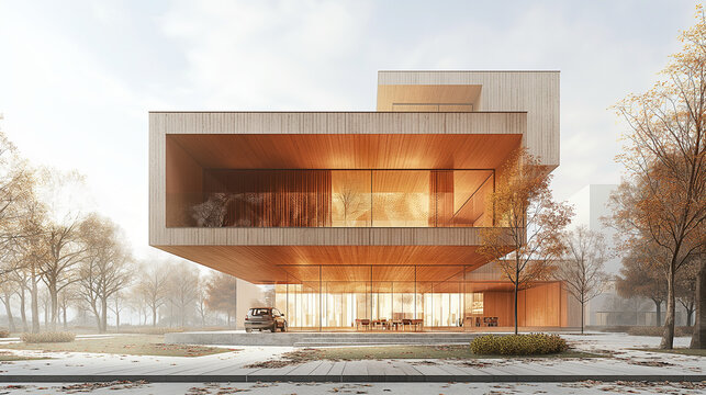 Facade design for a Modern house in between two different neighboring houses. The design is Simple minimal with Organic natural materials used with 2 parking spaces with a garage and fromt garden.