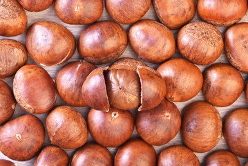 Delicious roastedchestnuts for sale in a market stall  