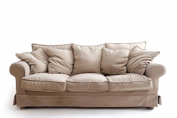 Fototapeta premium Beige fabric sofa with three seats white background