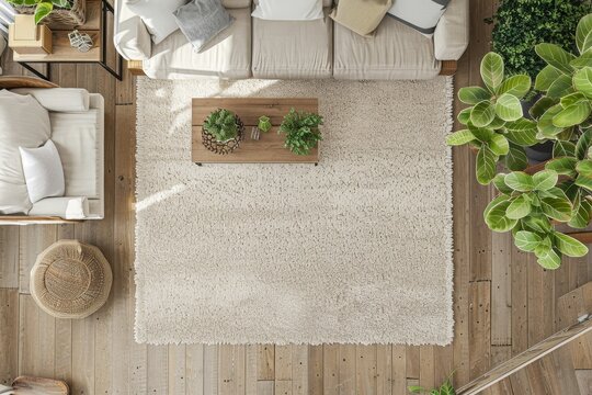 Beige carpet in living room with wooden floor top view