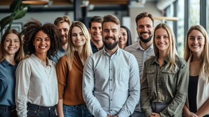 Fototapeta premium Professional white-collar team smiling confidently in a modern office setting, faces sharply in focus under bright lights, HD close-up of their upper bodies