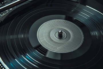 Black vinyl background with a beige screen in the center displaying a vinyl record on a rotating DJ turntable with a needle close up