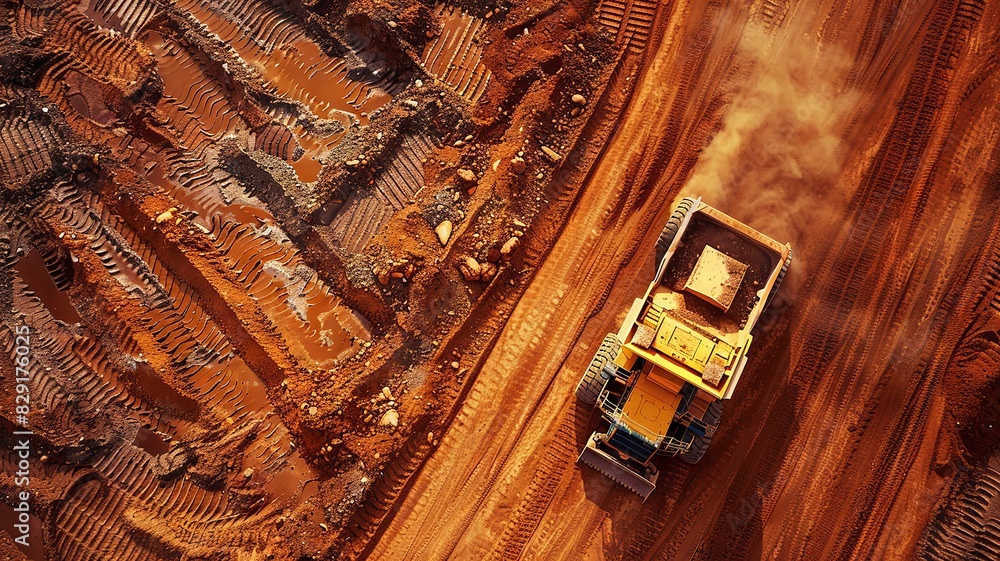 Wall mural Aerial view of mining equipment amidst red soil deposits - Wall murals