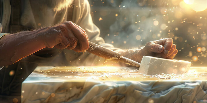 A sculptor chisels away at a block of marble revealing the inner artists mind and head.