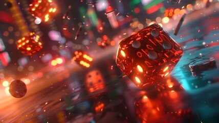 Red dice floating with vibrant bokeh in a casino ambiance