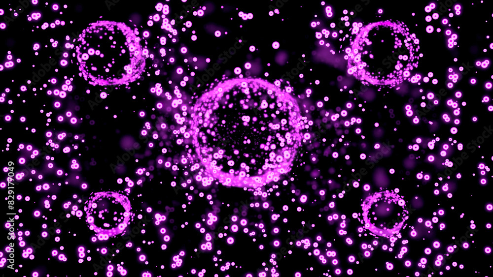 Poster animation with moving stream of bubbles and large circles. design. balls in space with distortion of