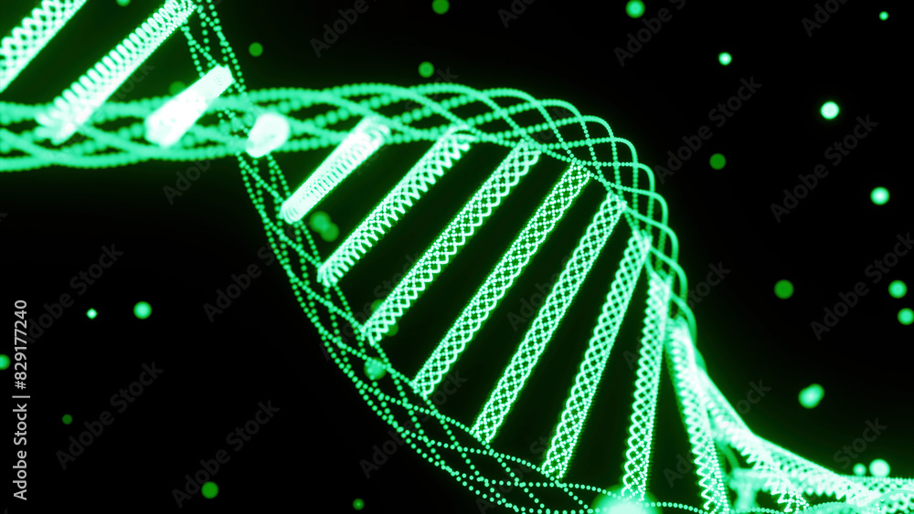 Poster animation of rotating dna strands. design. green spinning abstract dna spiral rotating on a black ba