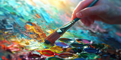 Fototapeta premium A painter dips their brush into a palette of vibrant colors, ready to bring new life to a blank canvas