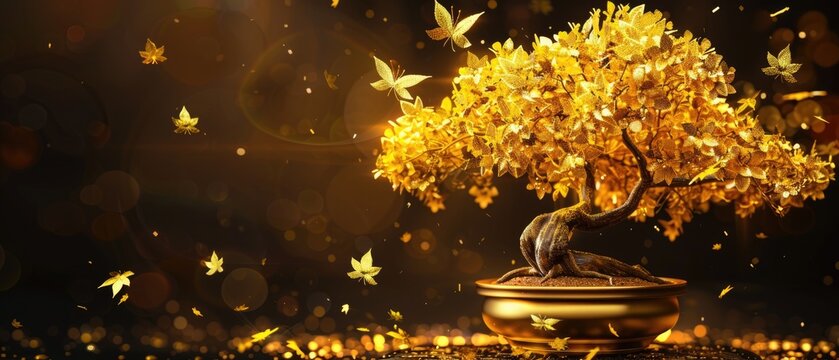illustration of golden bonsai tree with gold leaves, idea for wealth and prosperity background wallpaper
