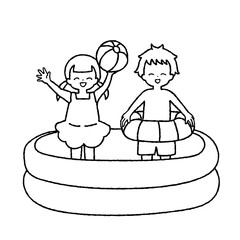 プールで遊ぶ2人の子供のイラスト　モノクロ