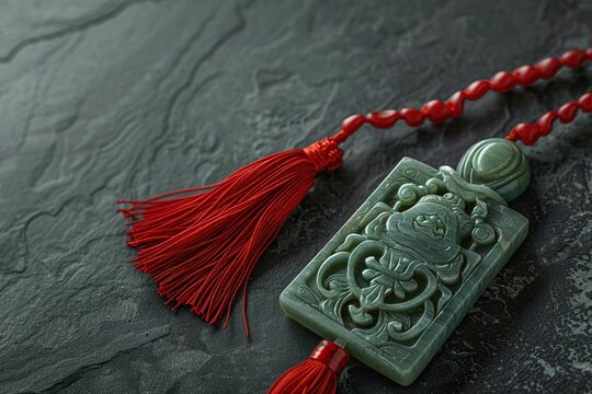 Carved jade seal with red tassel