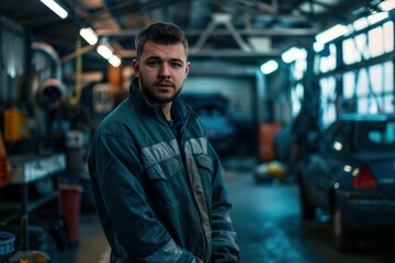 Confident man standing in front of a sleek car in a modern garage with hands on hips, showcasing automotive beauty and style