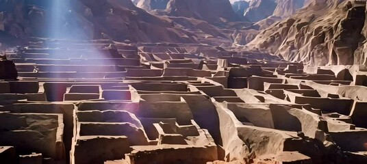 a crystal mine with a water-filled crater nearby. The area is dotted with basins and excavations, and a cave provides shelter