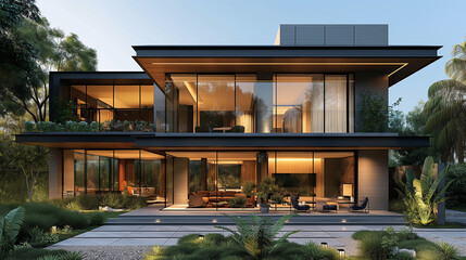 Fototapeta premium Create a hyper-realistic image of a very big house that include luxury and sophistication with a minimalistic and contemporary architecture.