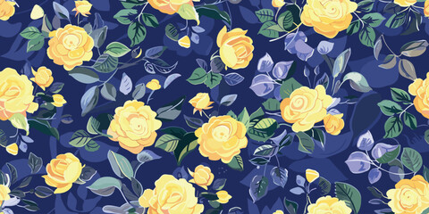 Seamless floral pattern with yellow roses on violet background. Abstract trendy spring, summer print dress pattern. Beautiful multicolored floral motif. Hand drawn wildflowers flat illustration