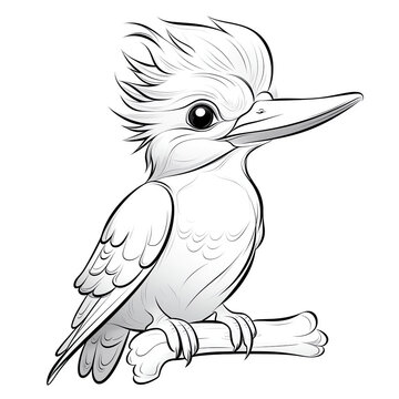 recommend clip art: A Kingfisher bird, cute cartoon style, simple line art with black lines on white background