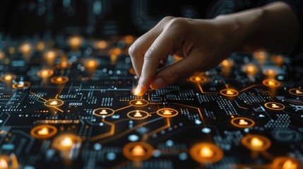 Online banking and digital money concept with man finger on virtual touch screen interface with central bank layout surrounded currency signs: dollar, euro, ruble and yen on abstract background