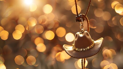 Obraz premium A cowboy hatshaped charm dangles from a leather cord adding a unique touch to a bracelet.