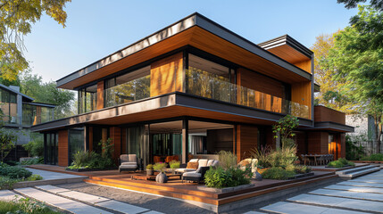 modern house on the corner of a street, in the style of sculptural volumes, wood, anamorphic art, modern minimalist, functional aesthetics, transavanguardia, soft, blended colors.