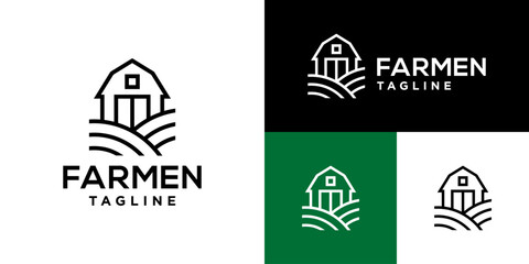 Fototapeta premium Design template of simple farm logo, with a line style. Farms, fields, huts, livestock. Icon symbol, vector EPS 10.