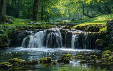 A serene forest waterfall cascading into a tranquil pool surrounded by lush greenery and moss-covered rocks. Perfect for nature enthusiasts.