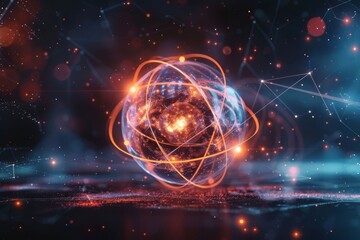 Obraz premium A stunning visual representation of an illuminated atom structure, symbolizing advanced science and futuristic technology.