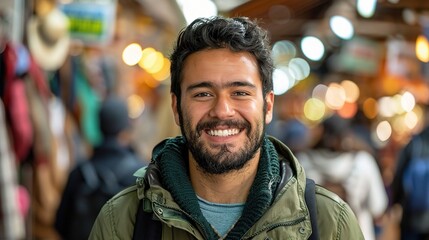 Fototapeta premium man with a beard, wearing a green jacket, smiling in a bustling market
