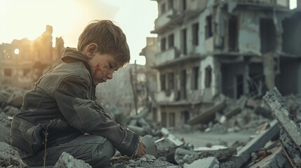 Distressed Child Crying in War-Torn City Ruins