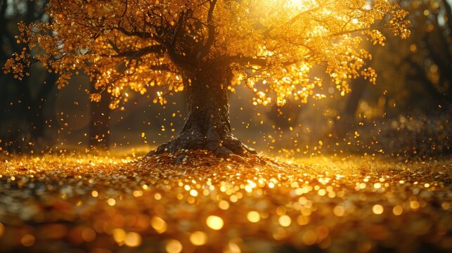 golden gold coin tree has coins as leaves that fall on ground, idea for limitless income, wealth and prosperity, rich and successful business growth