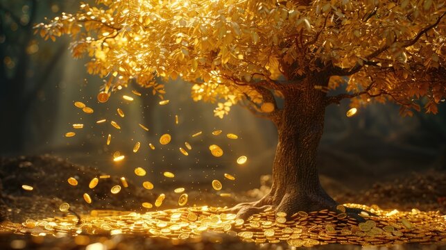 golden gold coin tree has coins as leaves that fall on ground, idea for limitless income, wealth and prosperity, rich and successful business growth