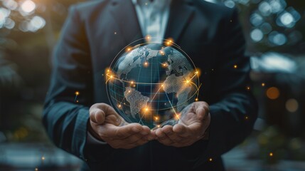 Fototapeta premium Businessman hold global business globe with network bold line connected around it